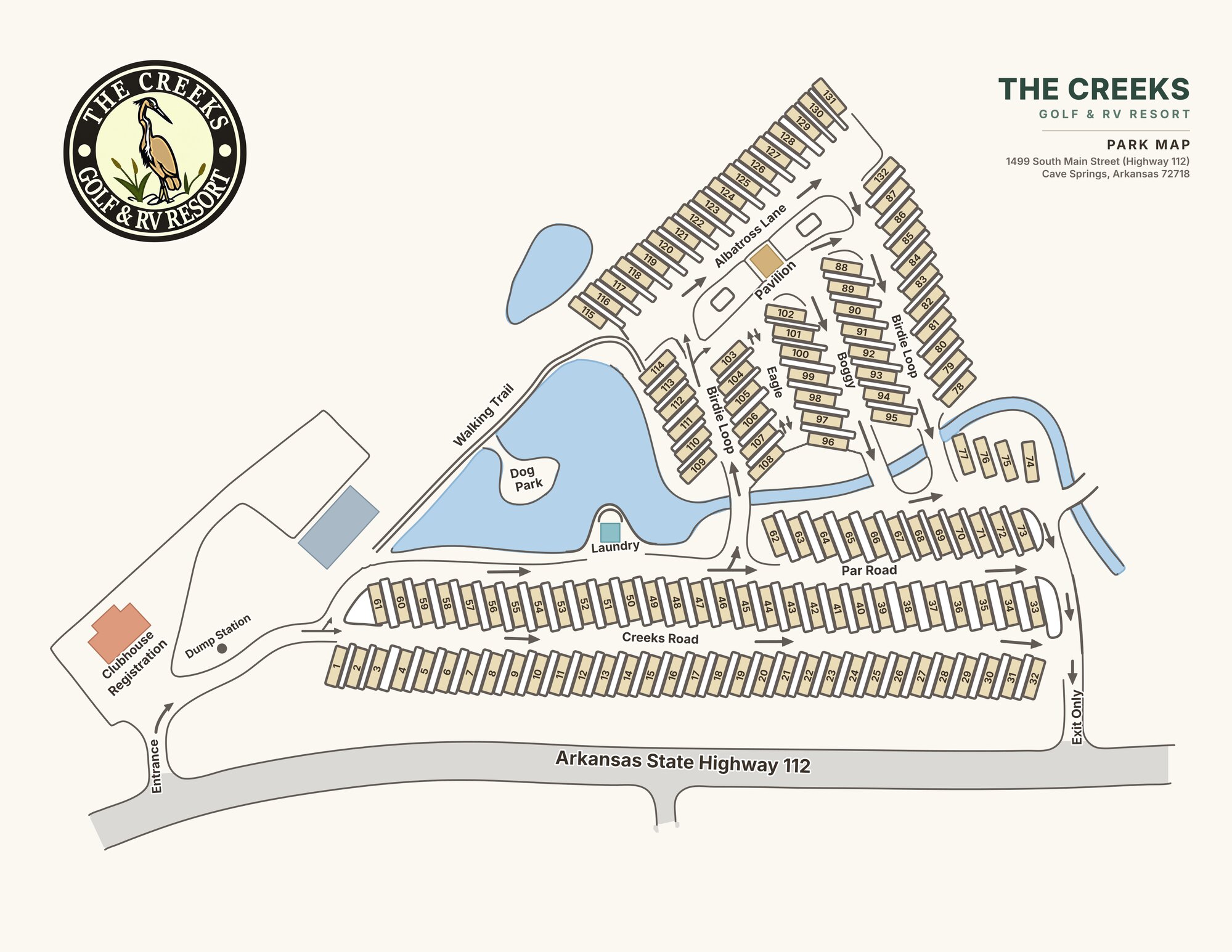 The Creeks Golf & RV Resort park map: sites 1–132 along Creeks Road, Par Road, Birdie Loop, and Albatross Lane