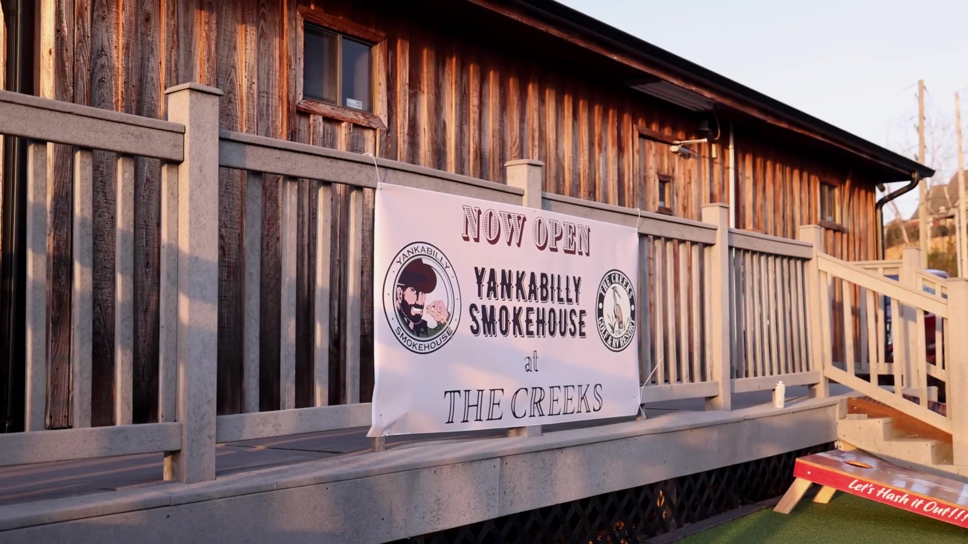 The rustic Yankabilly Smokehouse at golden hour